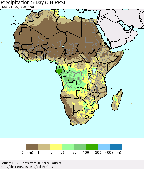 Africa Precipitation 5-Day (CHIRPS) Thematic Map For 11/21/2020 - 11/25/2020
