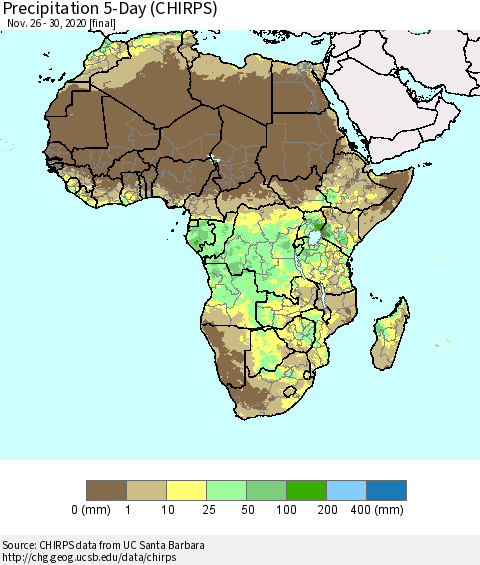 Africa Precipitation 5-Day (CHIRPS) Thematic Map For 11/26/2020 - 11/30/2020