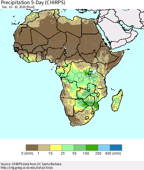 Africa Precipitation 5-Day (CHIRPS) Thematic Map For 12/16/2020 - 12/20/2020