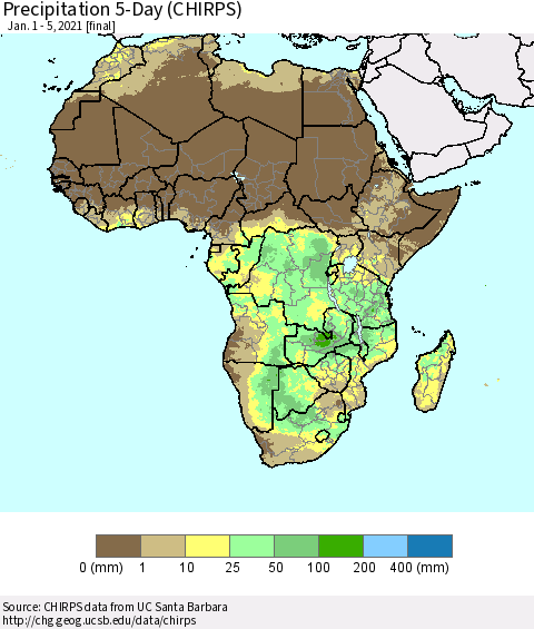 Africa Precipitation 5-Day (CHIRPS) Thematic Map For 1/1/2021 - 1/5/2021