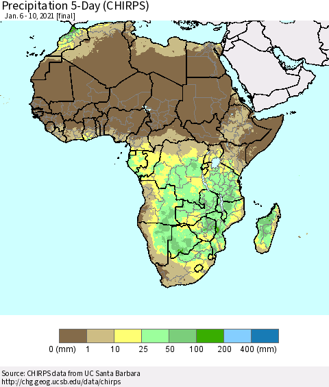 Africa Precipitation 5-Day (CHIRPS) Thematic Map For 1/6/2021 - 1/10/2021