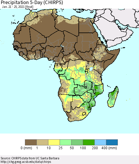 Africa Precipitation 5-Day (CHIRPS) Thematic Map For 1/21/2021 - 1/25/2021