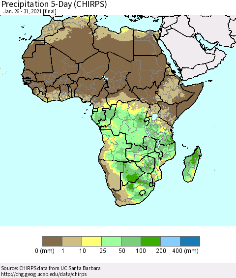 Africa Precipitation 5-Day (CHIRPS) Thematic Map For 1/26/2021 - 1/31/2021
