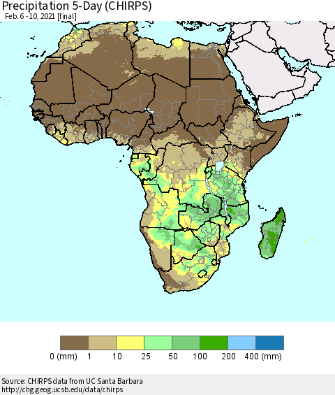 Africa Precipitation 5-Day (CHIRPS) Thematic Map For 2/6/2021 - 2/10/2021