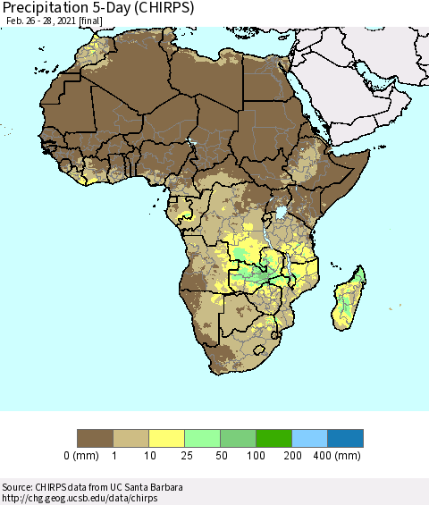 Africa Precipitation 5-Day (CHIRPS) Thematic Map For 2/26/2021 - 2/28/2021