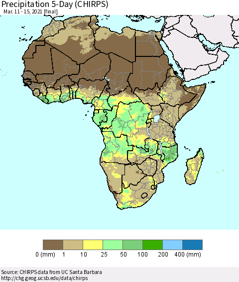 Africa Precipitation 5-Day (CHIRPS) Thematic Map For 3/11/2021 - 3/15/2021