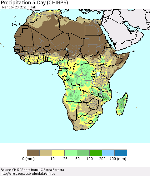 Africa Precipitation 5-Day (CHIRPS) Thematic Map For 3/16/2021 - 3/20/2021