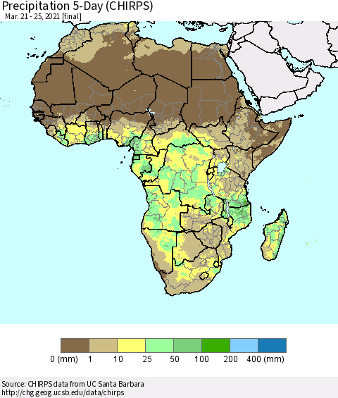 Africa Precipitation 5-Day (CHIRPS) Thematic Map For 3/21/2021 - 3/25/2021