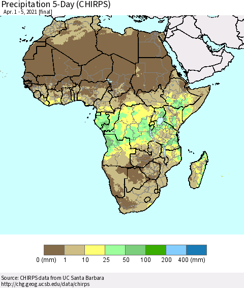 Africa Precipitation 5-Day (CHIRPS) Thematic Map For 4/1/2021 - 4/5/2021