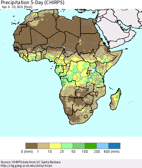 Africa Precipitation 5-Day (CHIRPS) Thematic Map For 4/6/2021 - 4/10/2021