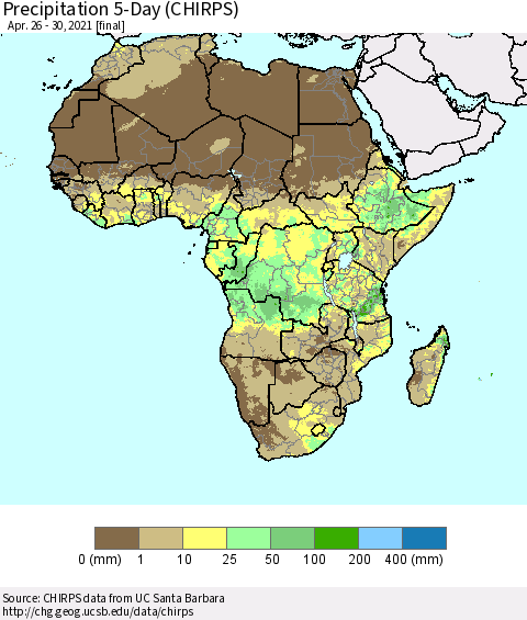 Africa Precipitation 5-Day (CHIRPS) Thematic Map For 4/26/2021 - 4/30/2021