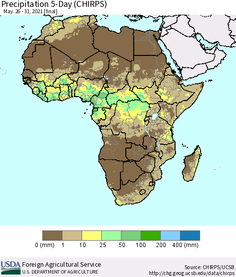 Africa Precipitation 5-Day (CHIRPS) Thematic Map For 5/26/2021 - 5/31/2021