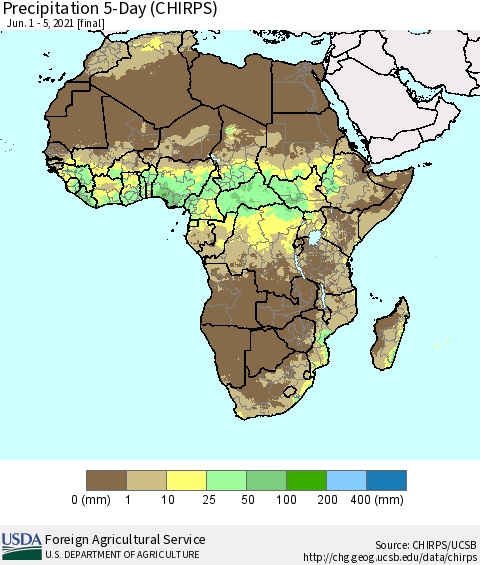 Africa Precipitation 5-Day (CHIRPS) Thematic Map For 6/1/2021 - 6/5/2021