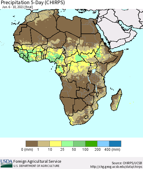 Africa Precipitation 5-Day (CHIRPS) Thematic Map For 6/6/2021 - 6/10/2021