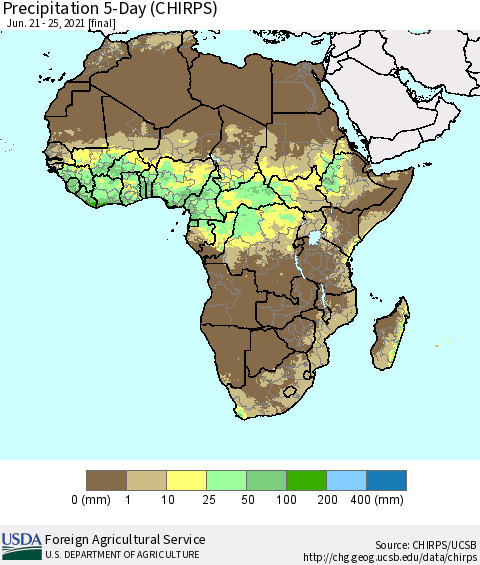 Africa Precipitation 5-Day (CHIRPS) Thematic Map For 6/21/2021 - 6/25/2021