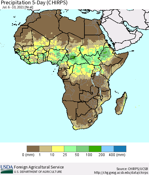 Africa Precipitation 5-Day (CHIRPS) Thematic Map For 7/6/2021 - 7/10/2021
