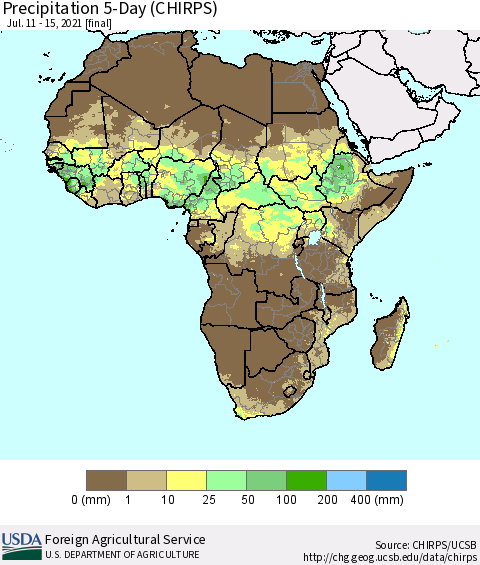 Africa Precipitation 5-Day (CHIRPS) Thematic Map For 7/11/2021 - 7/15/2021