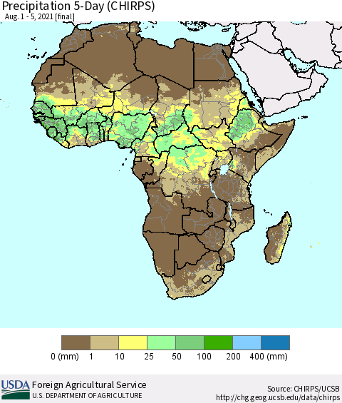 Africa Precipitation 5-Day (CHIRPS) Thematic Map For 8/1/2021 - 8/5/2021
