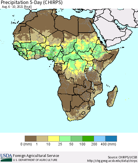 Africa Precipitation 5-Day (CHIRPS) Thematic Map For 8/6/2021 - 8/10/2021