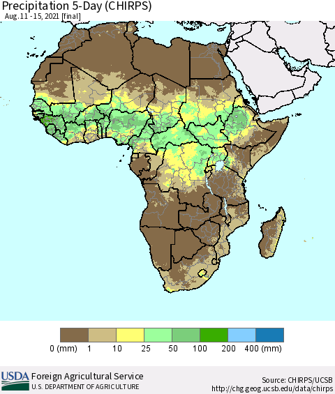 Africa Precipitation 5-Day (CHIRPS) Thematic Map For 8/11/2021 - 8/15/2021