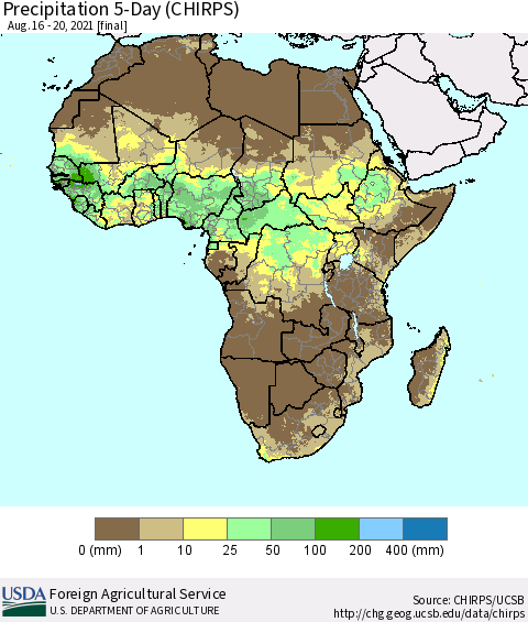 Africa Precipitation 5-Day (CHIRPS) Thematic Map For 8/16/2021 - 8/20/2021