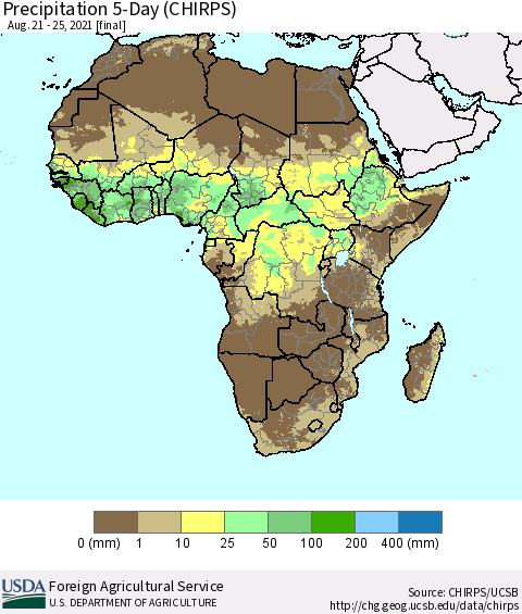 Africa Precipitation 5-Day (CHIRPS) Thematic Map For 8/21/2021 - 8/25/2021