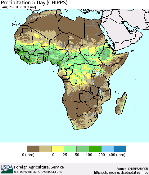 Africa Precipitation 5-Day (CHIRPS) Thematic Map For 8/26/2021 - 8/31/2021