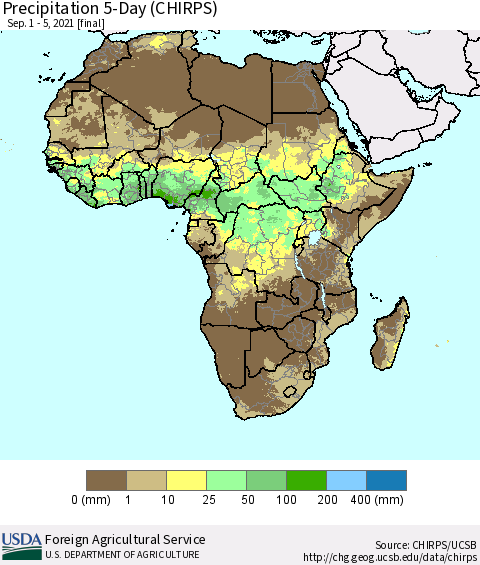 Africa Precipitation 5-Day (CHIRPS) Thematic Map For 9/1/2021 - 9/5/2021