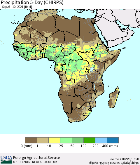 Africa Precipitation 5-Day (CHIRPS) Thematic Map For 9/6/2021 - 9/10/2021