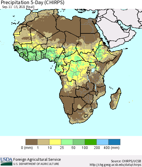 Africa Precipitation 5-Day (CHIRPS) Thematic Map For 9/11/2021 - 9/15/2021