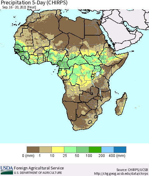Africa Precipitation 5-Day (CHIRPS) Thematic Map For 9/16/2021 - 9/20/2021