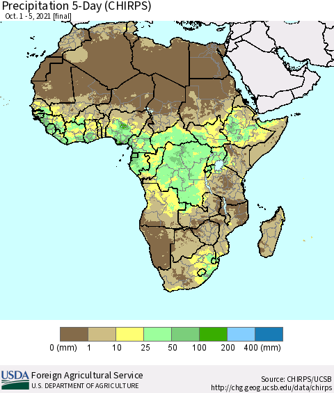 Africa Precipitation 5-Day (CHIRPS) Thematic Map For 10/1/2021 - 10/5/2021