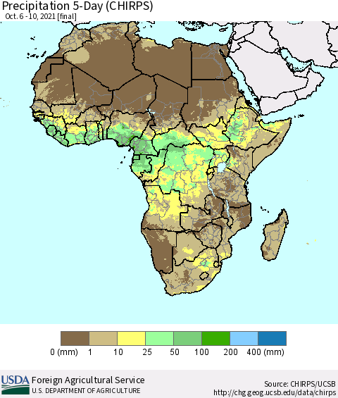 Africa Precipitation 5-Day (CHIRPS) Thematic Map For 10/6/2021 - 10/10/2021