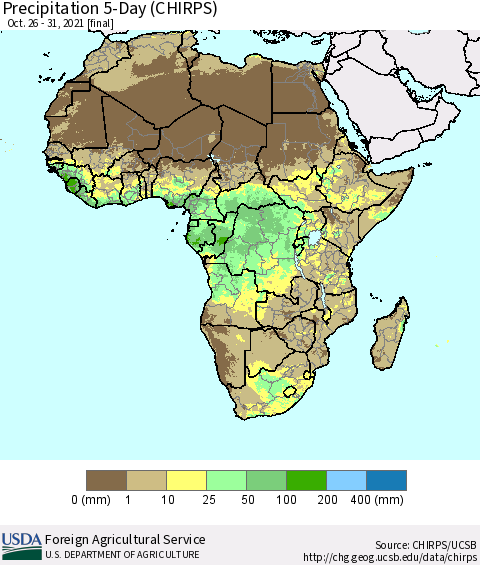 Africa Precipitation 5-Day (CHIRPS) Thematic Map For 10/26/2021 - 10/31/2021