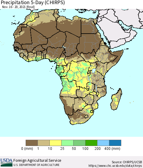 Africa Precipitation 5-Day (CHIRPS) Thematic Map For 11/16/2021 - 11/20/2021