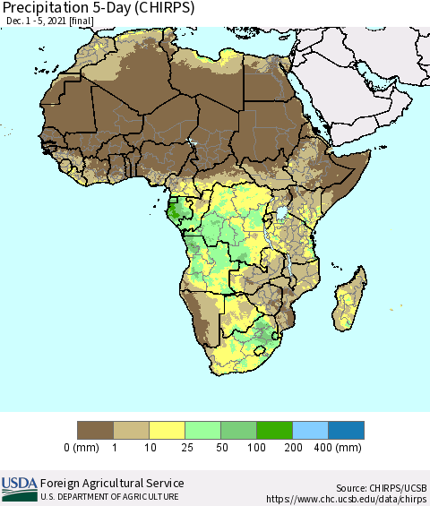 Africa Precipitation 5-Day (CHIRPS) Thematic Map For 12/1/2021 - 12/5/2021