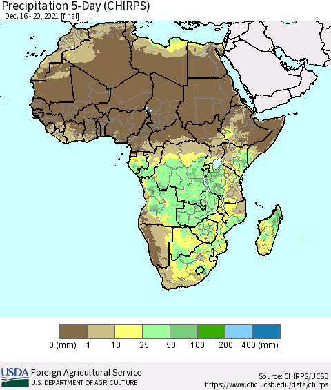 Africa Precipitation 5-Day (CHIRPS) Thematic Map For 12/16/2021 - 12/20/2021
