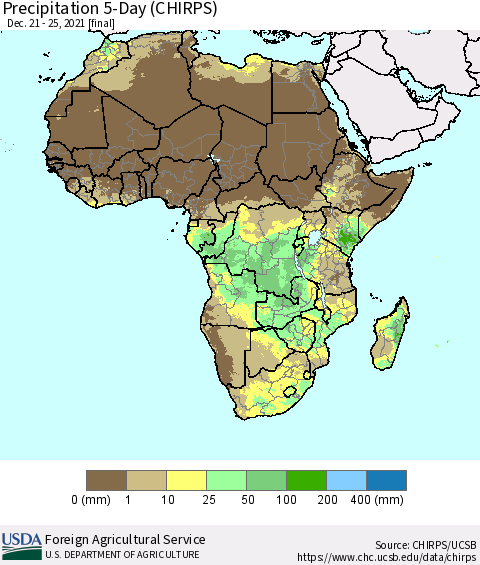 Africa Precipitation 5-Day (CHIRPS) Thematic Map For 12/21/2021 - 12/25/2021