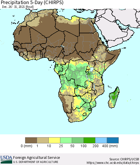 Africa Precipitation 5-Day (CHIRPS) Thematic Map For 12/26/2021 - 12/31/2021