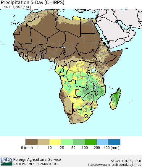 Africa Precipitation 5-Day (CHIRPS) Thematic Map For 1/1/2022 - 1/5/2022