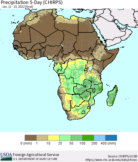 Africa Precipitation 5-Day (CHIRPS) Thematic Map For 1/11/2022 - 1/15/2022