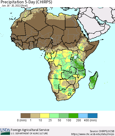 Africa Precipitation 5-Day (CHIRPS) Thematic Map For 1/16/2022 - 1/20/2022