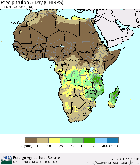 Africa Precipitation 5-Day (CHIRPS) Thematic Map For 1/21/2022 - 1/25/2022