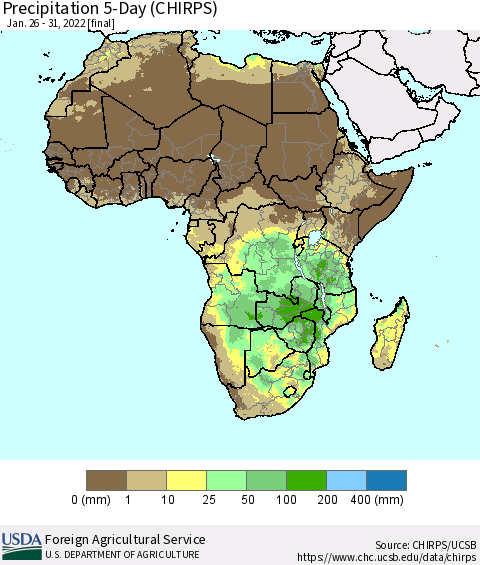 Africa Precipitation 5-Day (CHIRPS) Thematic Map For 1/26/2022 - 1/31/2022