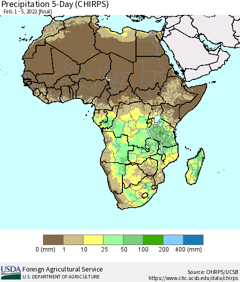 Africa Precipitation 5-Day (CHIRPS) Thematic Map For 2/1/2022 - 2/5/2022
