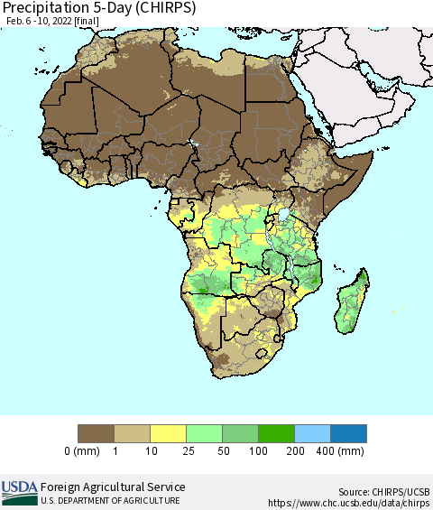 Africa Precipitation 5-Day (CHIRPS) Thematic Map For 2/6/2022 - 2/10/2022