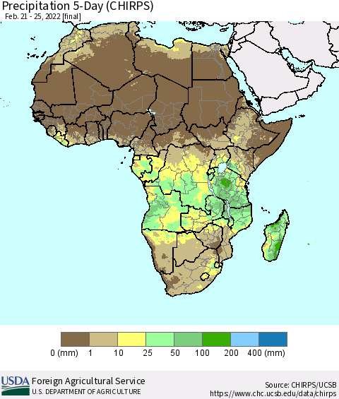 Africa Precipitation 5-Day (CHIRPS) Thematic Map For 2/21/2022 - 2/25/2022