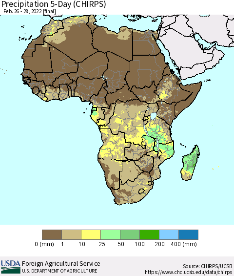 Africa Precipitation 5-Day (CHIRPS) Thematic Map For 2/26/2022 - 2/28/2022