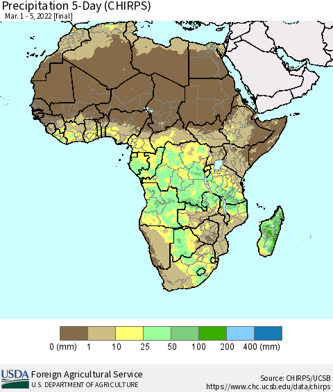 Africa Precipitation 5-Day (CHIRPS) Thematic Map For 3/1/2022 - 3/5/2022