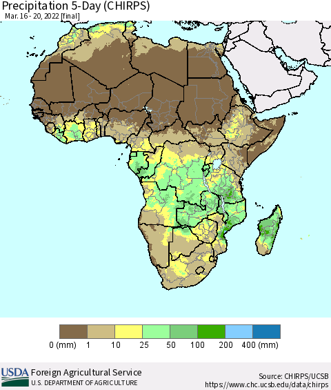Africa Precipitation 5-Day (CHIRPS) Thematic Map For 3/16/2022 - 3/20/2022